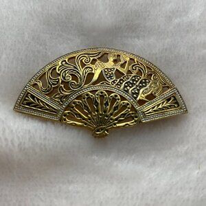Vintage Damascene Gold Tone Fan Woman Filigree Brooch Pin